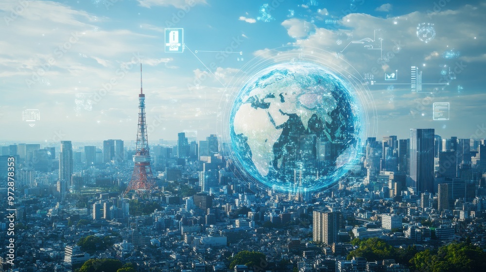 Canvas Prints digital globe with global network and icons of smart city, sustainable development, and environmenta