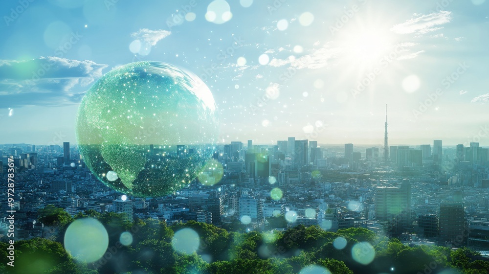 Canvas Prints digital globe with global network and icons of smart city, sustainable development, and environmenta