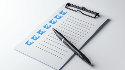 A clean checklist on paper with checkmarks, accompanied by a pen and clip. Ideal for organization, planning, and productivity.