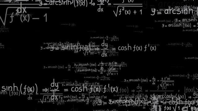 School and university notes on equations and formulas of logarithms, derivatives, trigonometric, logarithmic, hyperbolic and inverse on black background. Seamless loop animation