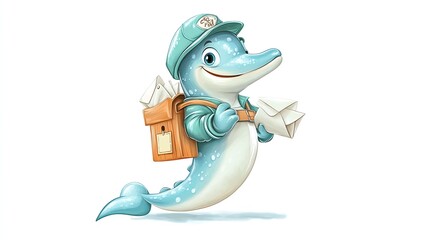 Naklejka premium Dolphin Mail Carrier A smiling cartoon dolphin in a mail carriers uniform, with a mailbag over its shoulder, delivering letters to a cartoon mailbox by the sea