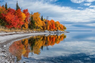 Obraz premium Autumn coloured trees along the shore and reflected in the water of lake superior in the terrace bay area of ontario- ontario, canada , ai
