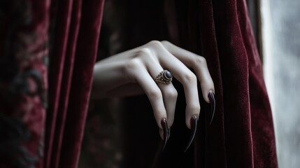 Close-up of a vampire's hand with long, sharp fingernails and a vintage ring, clutching a velvet curtain