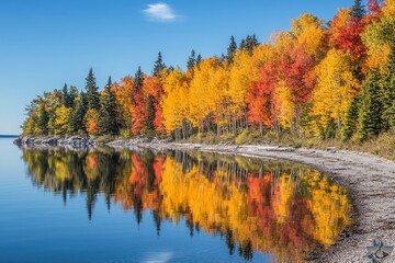 Autumn coloured trees along the shore and reflected in the water of lake superior in the terrace bay area of ontario- ontario, canada , ai