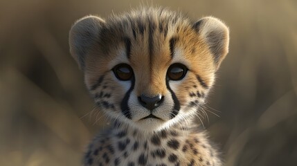 Obraz premium 26. **Realistic 3D depiction of a baby cheetah with soft spots and curious eyes