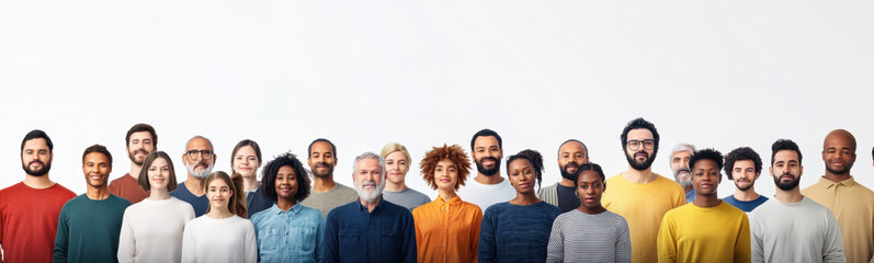 Obraz premium Photograph of a diverse group of people standing together in a frontal view against a white background, a panoramic shot with ample copy space