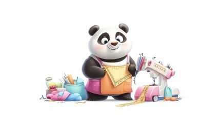 Obraz premium Panda Tailor A cartoon panda in a tailor s apron, holding a measuring tape and standing next to a cartoon sewing machine with colorful fabrics and threads around