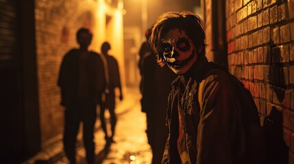 Fototapeta premium Teenagers dressed as zombies hide in the shadows of a dimly lit alley.