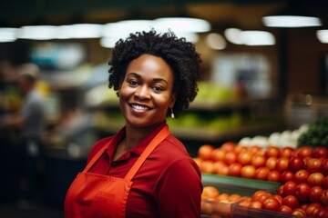 Fototapeta premium Portrait of a middle aged female worker in grocery store