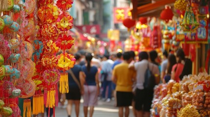 Naklejka premium Vibrant Vegetarian Festival in East Asia: A Colorful Street Scene with Bustling Crowds and Decorations