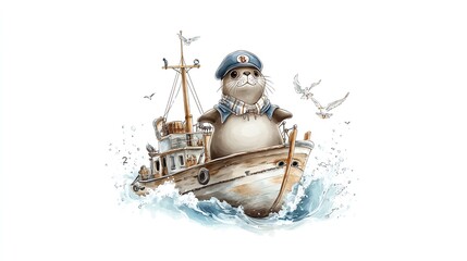 Seal Sailor A cute cartoon seal in a sailor s outfit, standing on the deck of a cartoon ship with a sailor hat on, surrounded by cartoon waves and seagulls