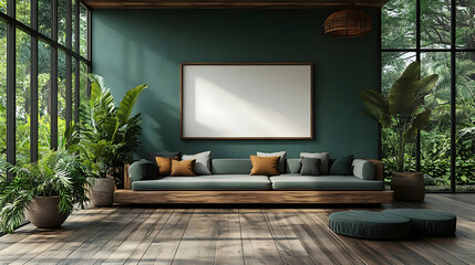 A serene living room with a green wall, cozy sofa, and plants, promoting relaxation and comfort.