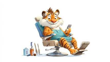 Tiger Barber A friendly cartoon tiger in a barber s apron, holding a pair of scissors and a comb, standing next to a colorful barber chair in a fun cartoon barbershop