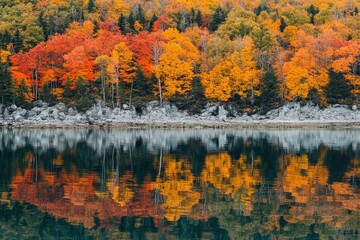 Obraz premium Autumn coloured trees along the shore and reflected in the water of lake superior in the terrace bay area of ontario- ontario, canada , ai