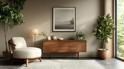 A serene living room with modern furniture and greenery.
