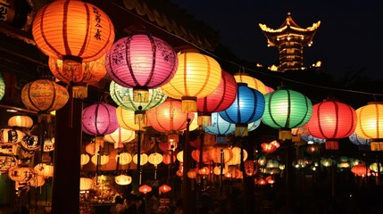 Obraz premium Vibrant Paper Lanterns at a Vegetarian Festival in East Asia Under a Festive Night Sky