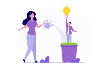 Talent development, Focuses on career growth, staff training, and skill development. A businesswoman manager is shown watering a growing seedling pot with talented employee.