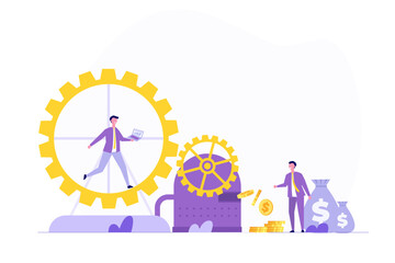 Employee running in a hamster wheel,  rat race concept. Vector illustration.