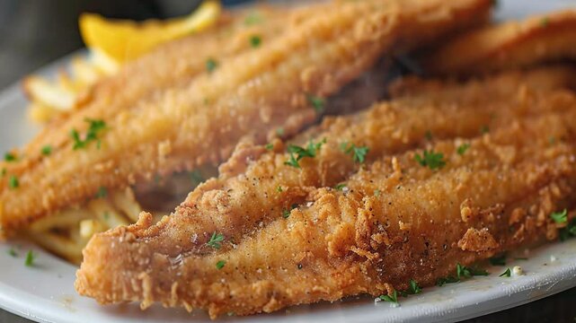 Fried catfish on the table moves with smoke around