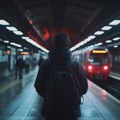 Obraz premium Businessman waiting on subway platform with train speeding by