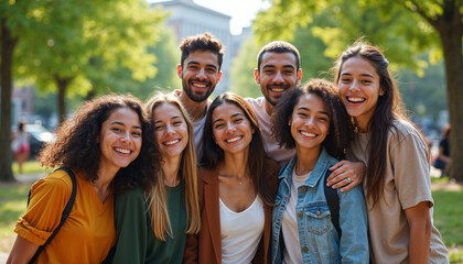 Obraz premium Vibrant portrait of international students in a park, showcasing diversity and camaraderie.