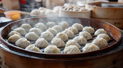 Fototapeta premium Vibrant Vegetarian Dumplings at a Bustling East Asian Market