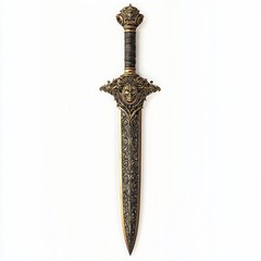 Exquisite Ancient Sword with Gilded Handle and Engraved Blade in Medieval Fantasy Style on White Background.