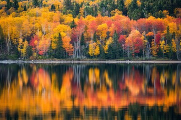 Obraz premium Autumn coloured trees along the shore and reflected in the water of lake superior in the terrace bay area of ontario- ontario, canada , ai