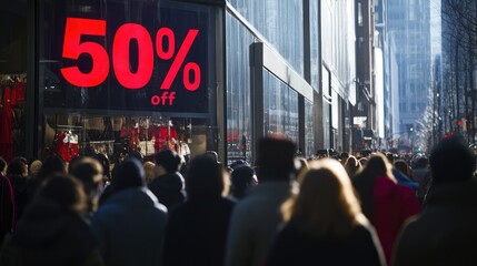 A giant sign in a storefront window, drawing in a crowd of Black Friday shoppers