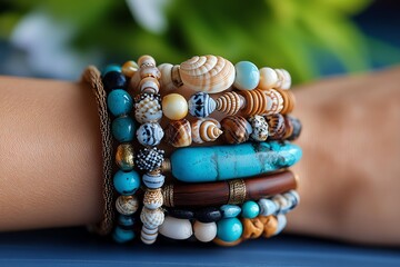 A close-up of a wrist full of stacked bohemian bracelets, including sea stones, shells, and wooden beads, creating a natural, layered look