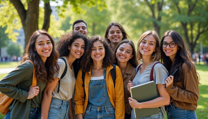 Fototapeta premium Vibrant portrait of international students in a park, showcasing diversity and camaraderie.
