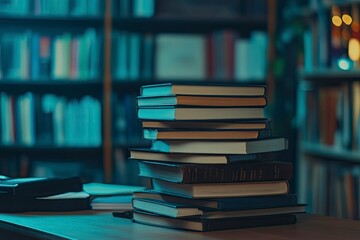 Book stack on the desk in public library , ai