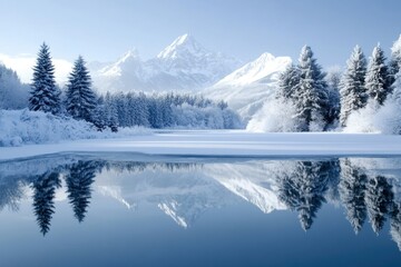 Snow-Covered Mountain Range Reflected in a Frozen Lake