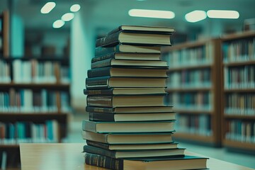 Fototapeta premium Book stack on the desk in public library , ai