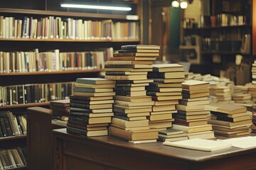 Obraz premium Book stack on the desk in public library , ai