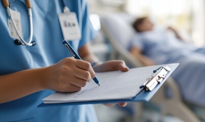 Nurse Taking Notes While Attending to a Patient in a Hospital Bed: Compassionate Care in Action