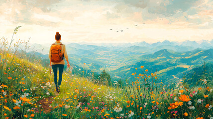 Girl Hiking in Scenic Mountain Landscape with Blooming Wildflowers and Majestic Views