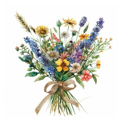 Vibrant wildflower bouquet, ideal for rustic decor. Colorful mix of yellow, blue, pink blooms with natural twine
