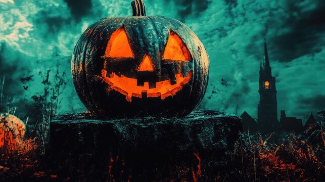 Spooky Halloween collage featuring a glowing jack-o'-lantern against an eerie night sky