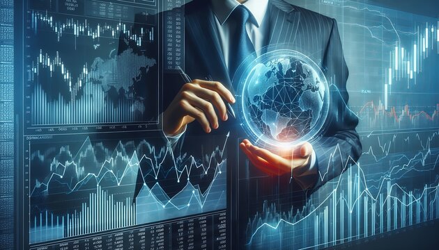 The image shows a person in a business suit holding a glowing globe with various graphs and numerical data in the background, symbolizing global finance or market analysis. The combination of the glow