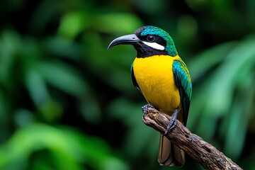 Obraz premium A colorful tropical bird perched on a branch, displaying its vibrant plumage in the heart of a lush rainforest