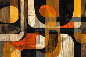 Geometric abstract design with organic shapes in warm tones of orange, brown, and beige, layered to create a harmonious, dynamic composition with rustic textures.