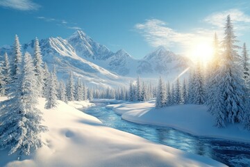 Snow-covered Mountains and a River Winding Through a Wintery Forest