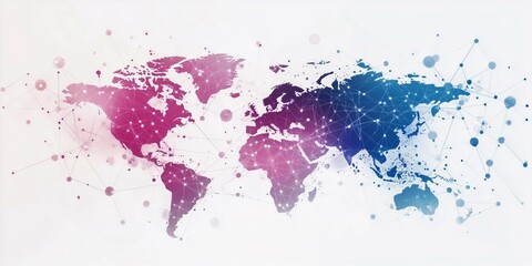 Abstract world map in purple and blue hues with a web of connections, symbolizing global communication and data exchange