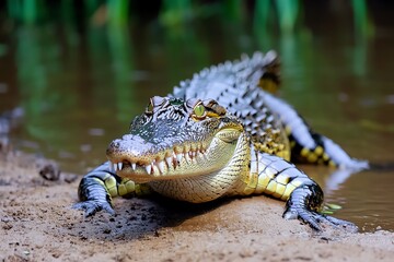 Fototapeta premium A crocodile sunning itself on a riverbank, lying perfectly still as it waits for the perfect moment to strike at unsuspecting prey