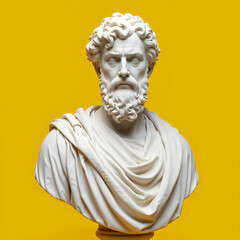 Obraz premium Golden statue of a young Roman emperor with curly hair, isolated on a yellow background.