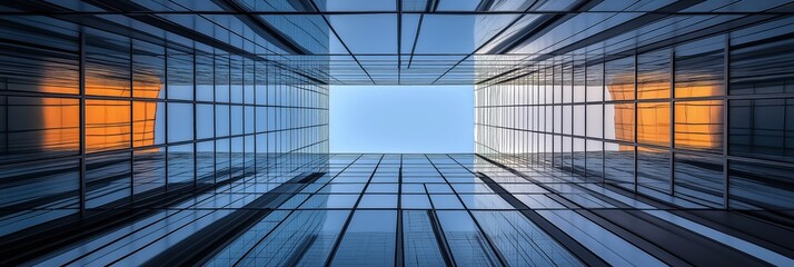 A view of a building with a blue sky and orange lights. The building is tall and has many windows