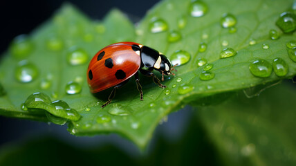 Ladybug on a leaf with dew drops