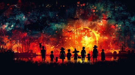 Fototapeta premium Spooky Halloween night with silhouettes of children celebrating under an eerie orange moon
