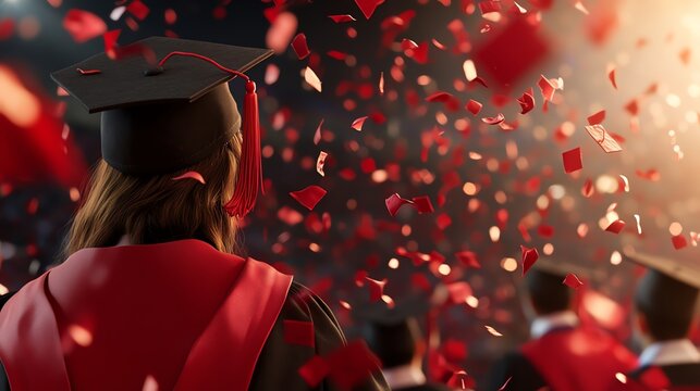 A joyful graduation ceremony, featuring graduates in caps and gowns celebrating with colorful confetti in the air.